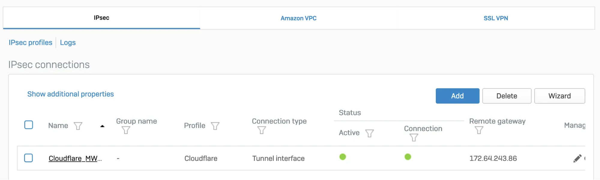 The IPsec tunnel should show up on the IPsec connections list.