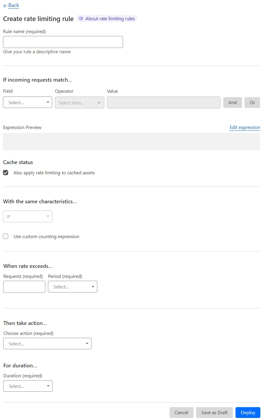 The Create rate limiting rule page in the Cloudflare dashboard