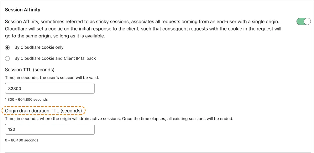 Example configuration of session affinity with endpoint drain